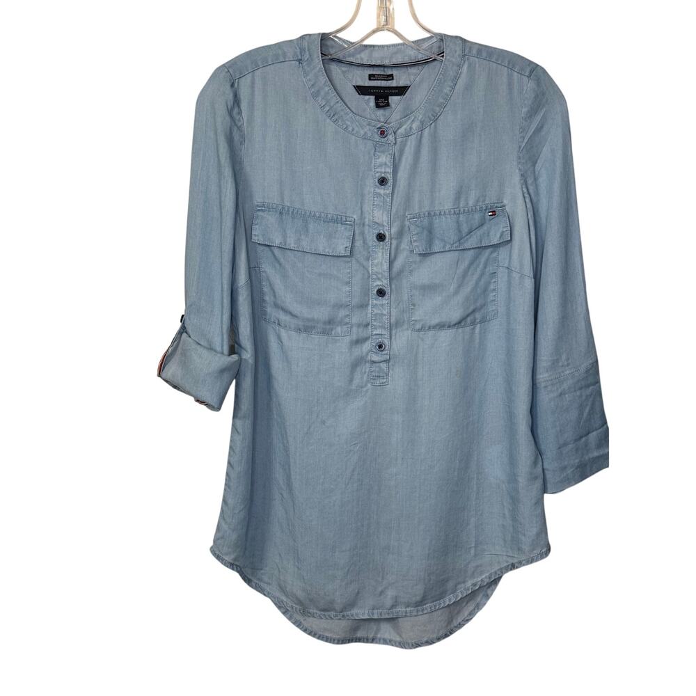 Tommy Hilfiger Womens Roll up Button 3/4 length Sleeve Soft Chambry Shirt XXS